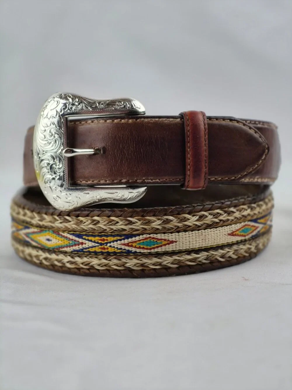 Tony Lama Aged Bark Leather Badlands Belt Horse Hair Nylon Inlay Western 38